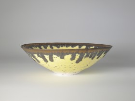 Yellow and bronze river grogged porcelain bowl. 22.5cm diameter. 2018